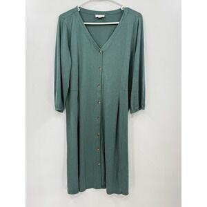 J Jill Midi Dress Womens Sz M‎ Green Button Up Knee Length 3/4 Sleeve